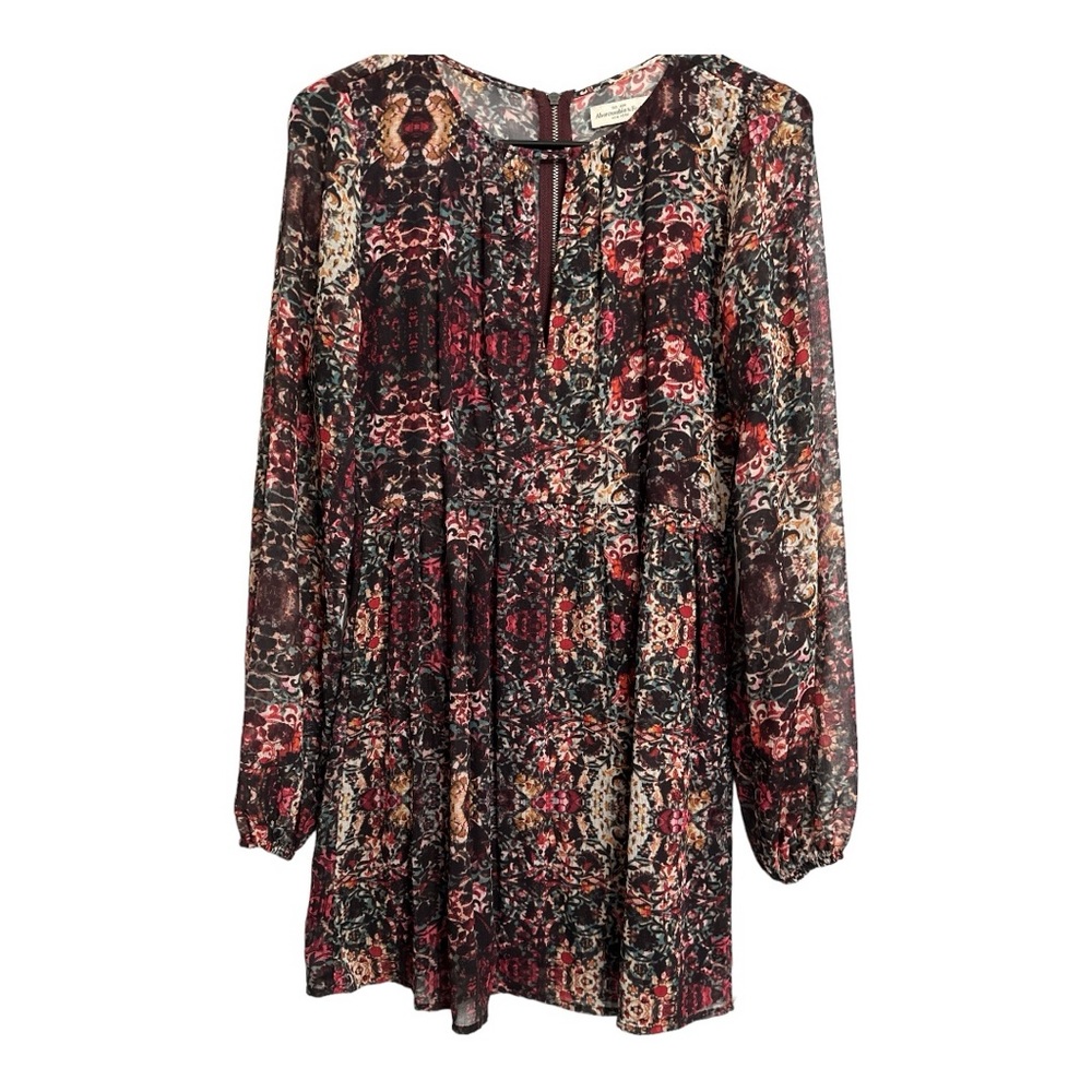 Abercrombie and Fitch Keyhole Floral Dress Sz XS Boho Long Sleeve Zip Midi Fall